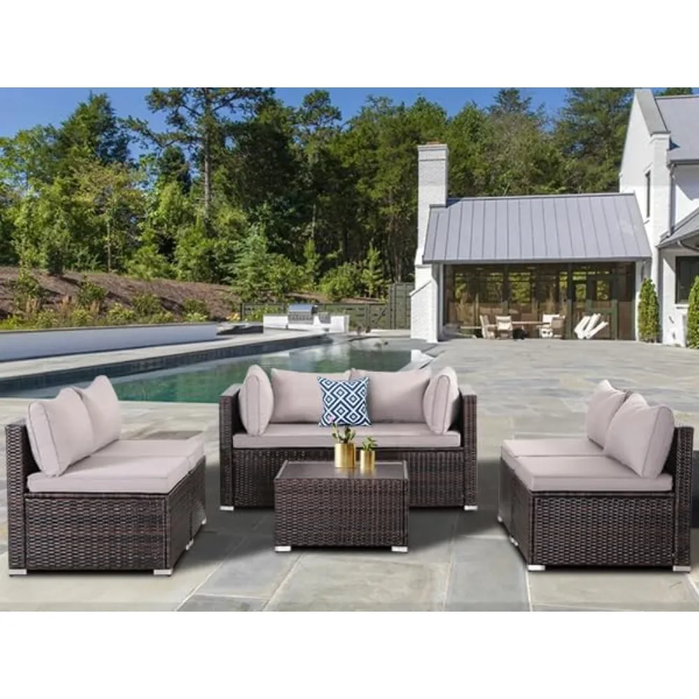 7-Piece Modular Wicker Patio Set, Brown Rattan Sectional Sofa w/ Thick Cushions & Coffee Table, Gray Cushions