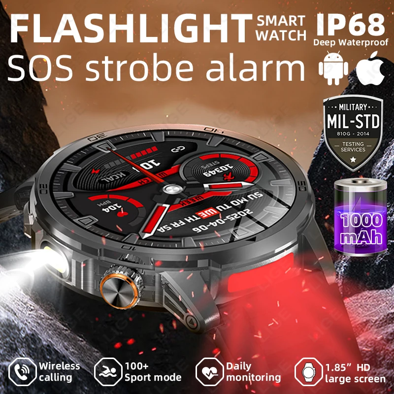 

LIGE Military 1000mAh AMOLED Smart Watch Men 5ATM Waterproof LED Flashlight Smartwatch Heart Rate Sports Tracker Smart Bracelet