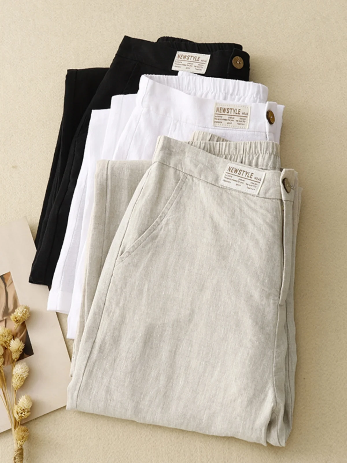 ارتفاع الخصر واسعة الساق القطن الكتان السراويل النسائية رقيقة تنوعا ثنى التخسيس عارضة الكتان مستقيم الساق السراويل #2