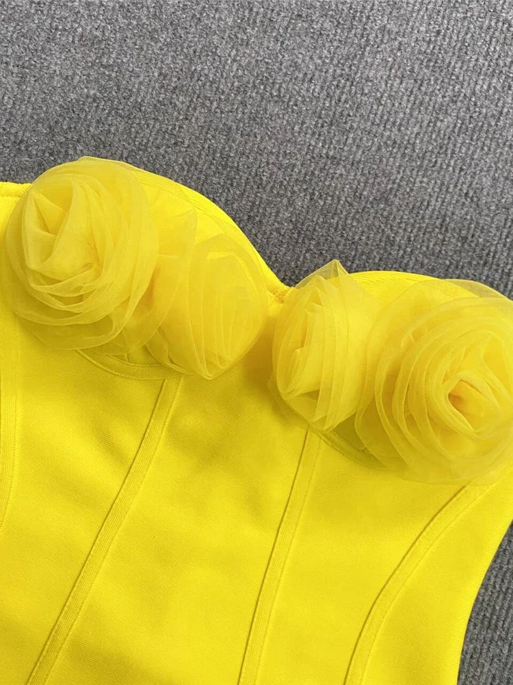 2024 Sexy Strapless Flowers Breast Cup Bandage Dress Women Yellow Mesh Flowers Mini Bodycon Dresses Cocktail Party Evening Gowns