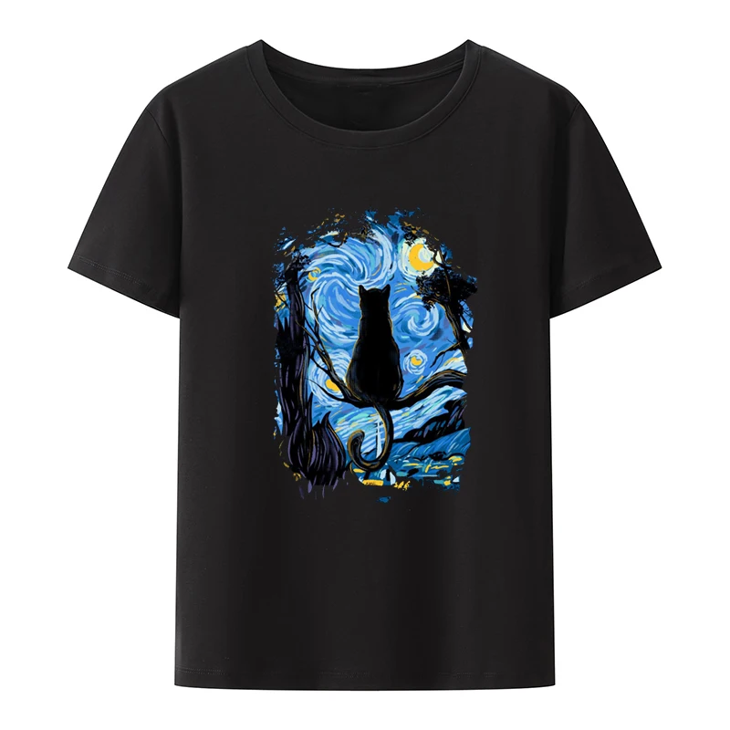 Cat Starry Night Man Short Sleeve T-shirt Tops Koszulki Comfortable Clothes Men Clothing Breathable O-neck Graphic Tshirts Print