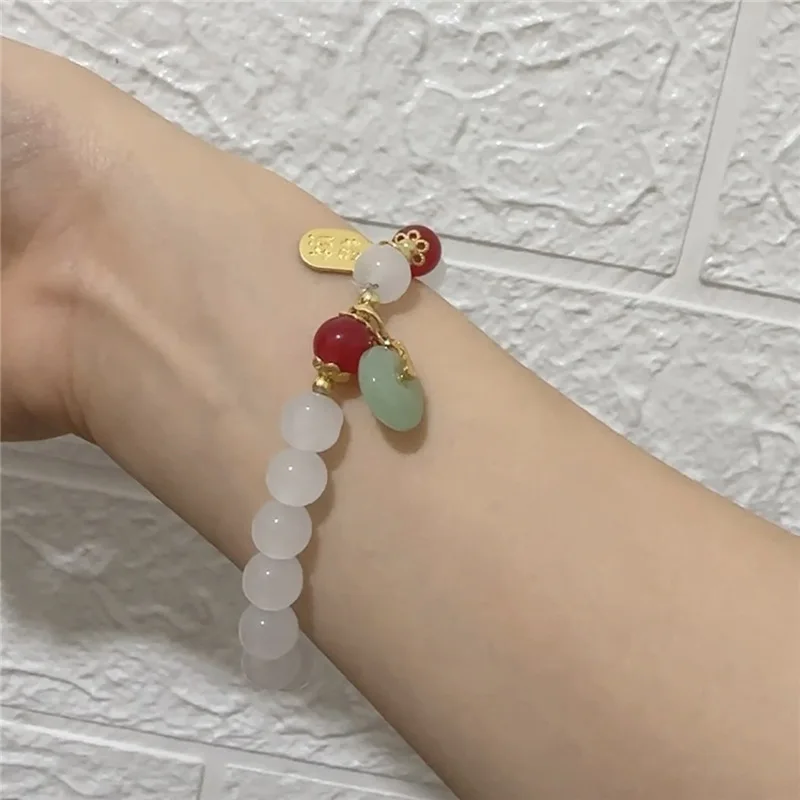 Handmade Good Luck Wealth Elastic Beaded Bracelet Imitation Jade Ping An Buckle Lucky Amulet Prayer Bracelets For Women Men Gift