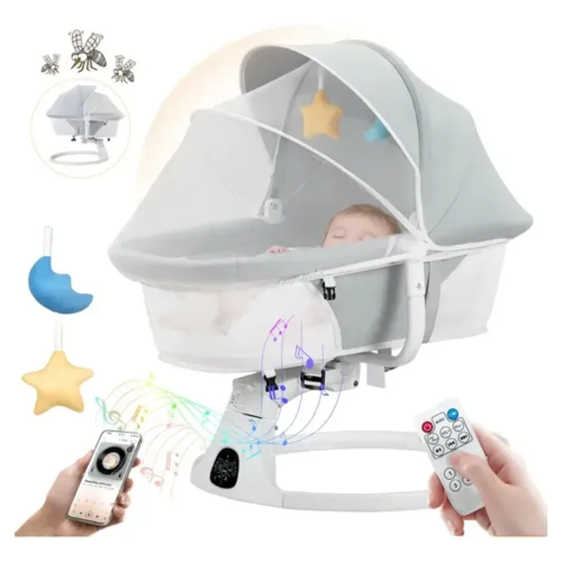 Baby Swing Cradle Electric Infant Rocker with Bluetooth Remote 5 Speed Timer Music Canopy Newborn Bouncer for 0-12 Months