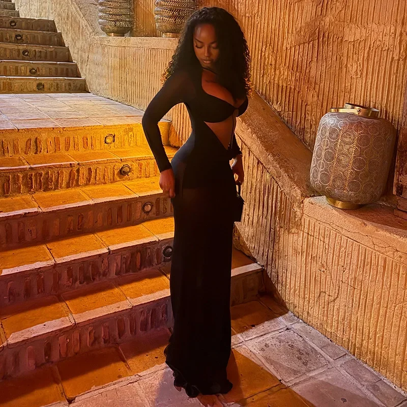 Black Sheer Mesh Front Cut-out Long Sleeve Maxi Dress Fall 2026 Woman Birthday Dresses Sexy Clothing