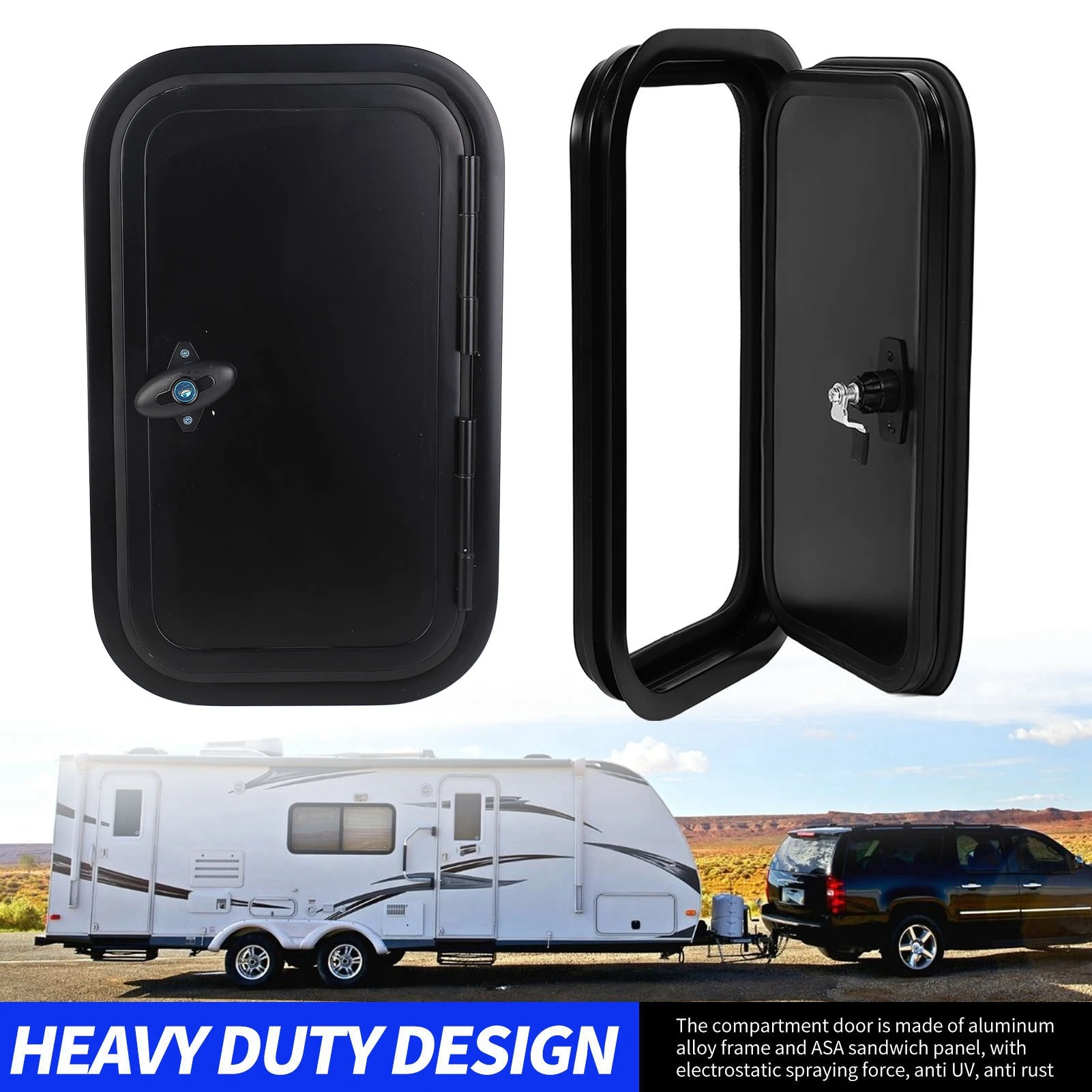 

Black RV Baggage Door RV Baggage Door Black Heavy Duty Rounded Corners RV Baggage Door With Flat Lock and Keys