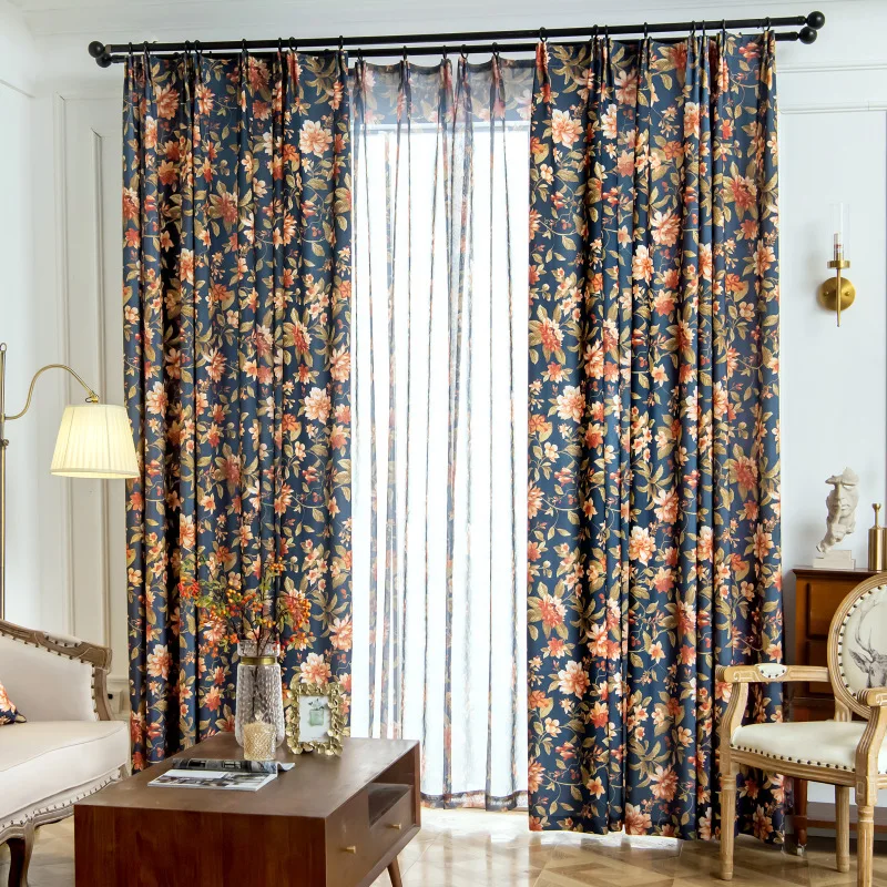 1PC American Style Countryside Large Floral Cotton and Linen Hand-painted Printing Bedroom and Living Room Curtains