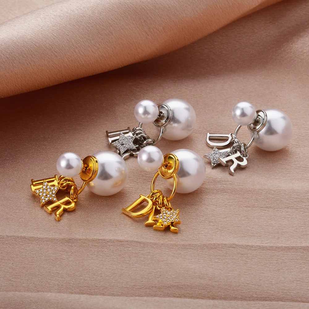 High Quality Double Sided Imitation Pearl Stud Earrings Zircon Star Drop Earrings Elegant Minimalist Luxury Women Daily Jewelry