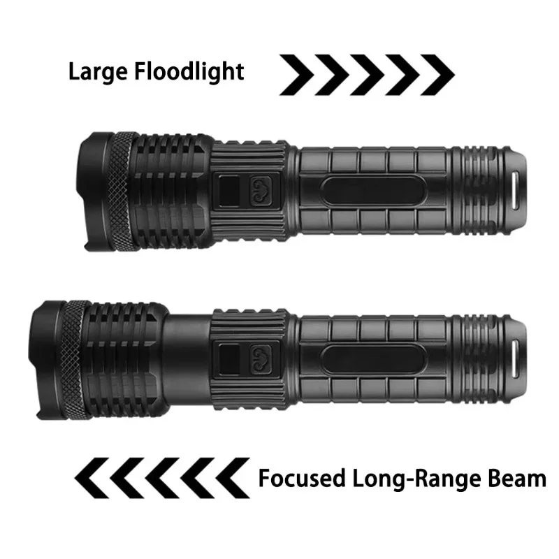 Zoomable LED Flashlight USB Rechargeable Torch With Digital Power Display Power‑Bank Function For Outdoor Hiking Emergency Use