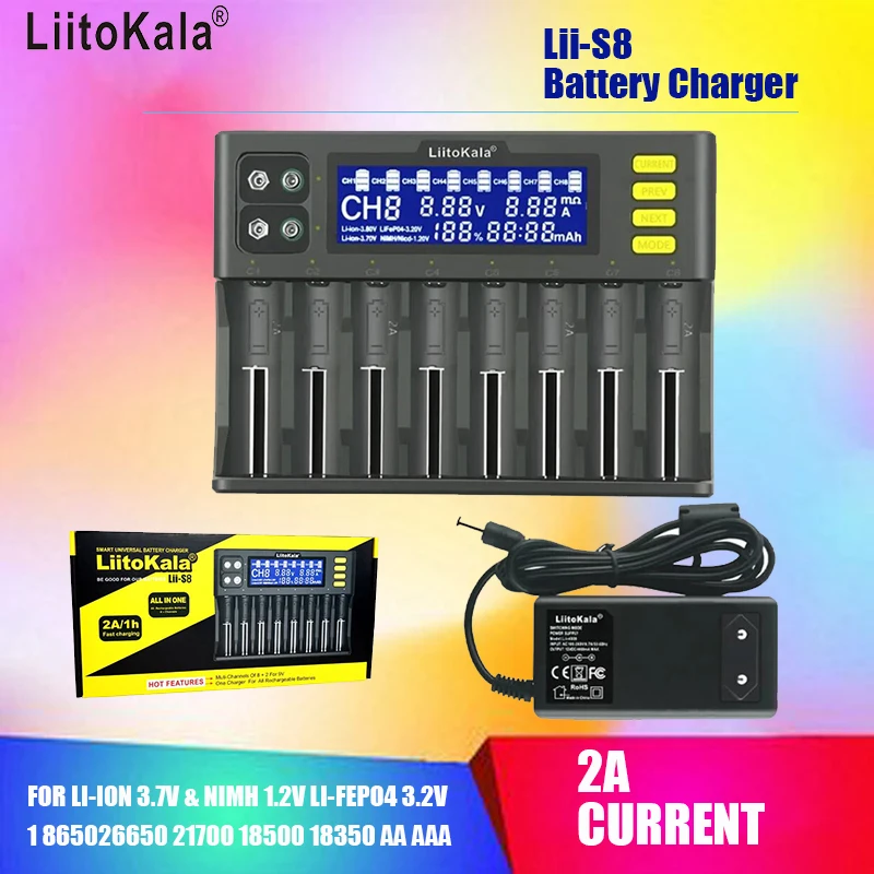 

LiitoKala Lii-S8 8 Slots LCD 18650 Battery charger 8-Slot Auto-Polarity Detect For 26650 21700 14500 10440 16340 18490 1.2V 3.7V