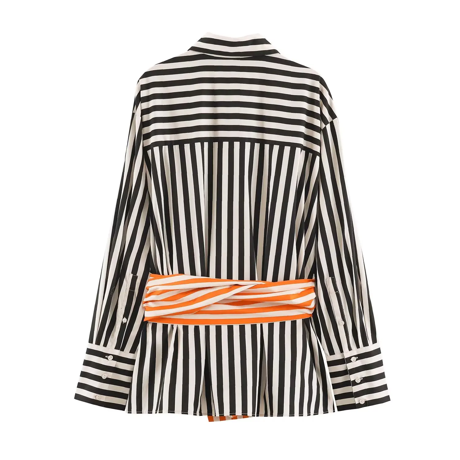 BSAY 2026 Trendy Fashion Women Contrast Striped Shirt Lapel Collar Button Down Long Sleeve Blouse With Detachable Long Sash Belt