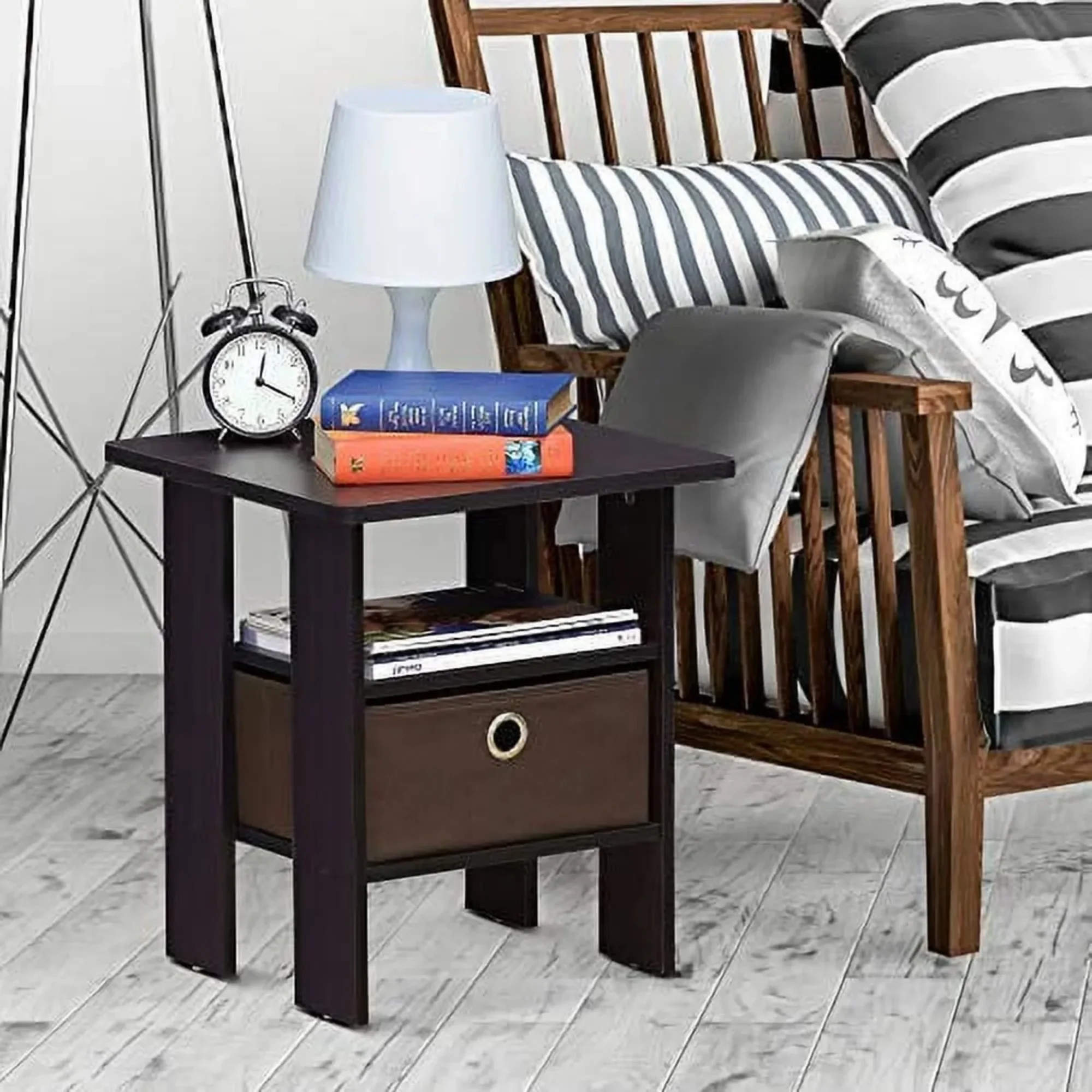 Dark walnut side table with drawers, a compact side table with storage boxes and shelves, suitable for small spaces
