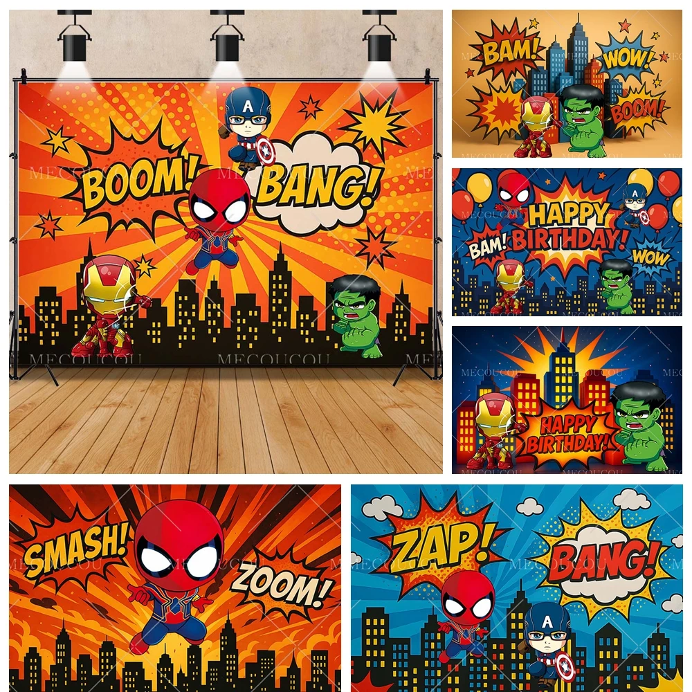 

Cartoon Avengers Superhero Backdrop Custom Boom Bang Kid Boy Birthday Party Decor Banner Baby Shower Photography Background Prop