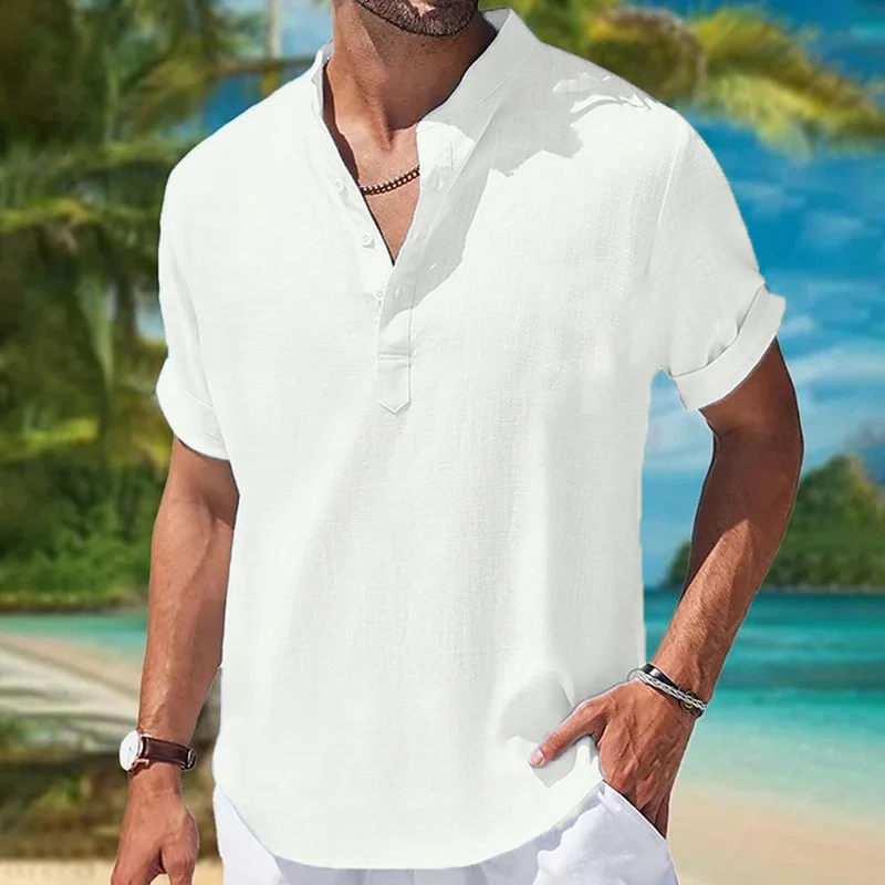 

2024 Spring Summer Fashion Loose Tops Men Beach Seaside Casual Stand Collar Buttoned Pullover Shirt For Mens New Leisure Shirts