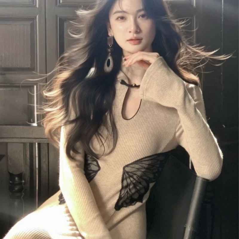 Y2K風ツーピースセット レディース レースニット ハイウエストワンピース + ハーフハイカラースモックワンピース 2025 フェアリーグランジスーツ