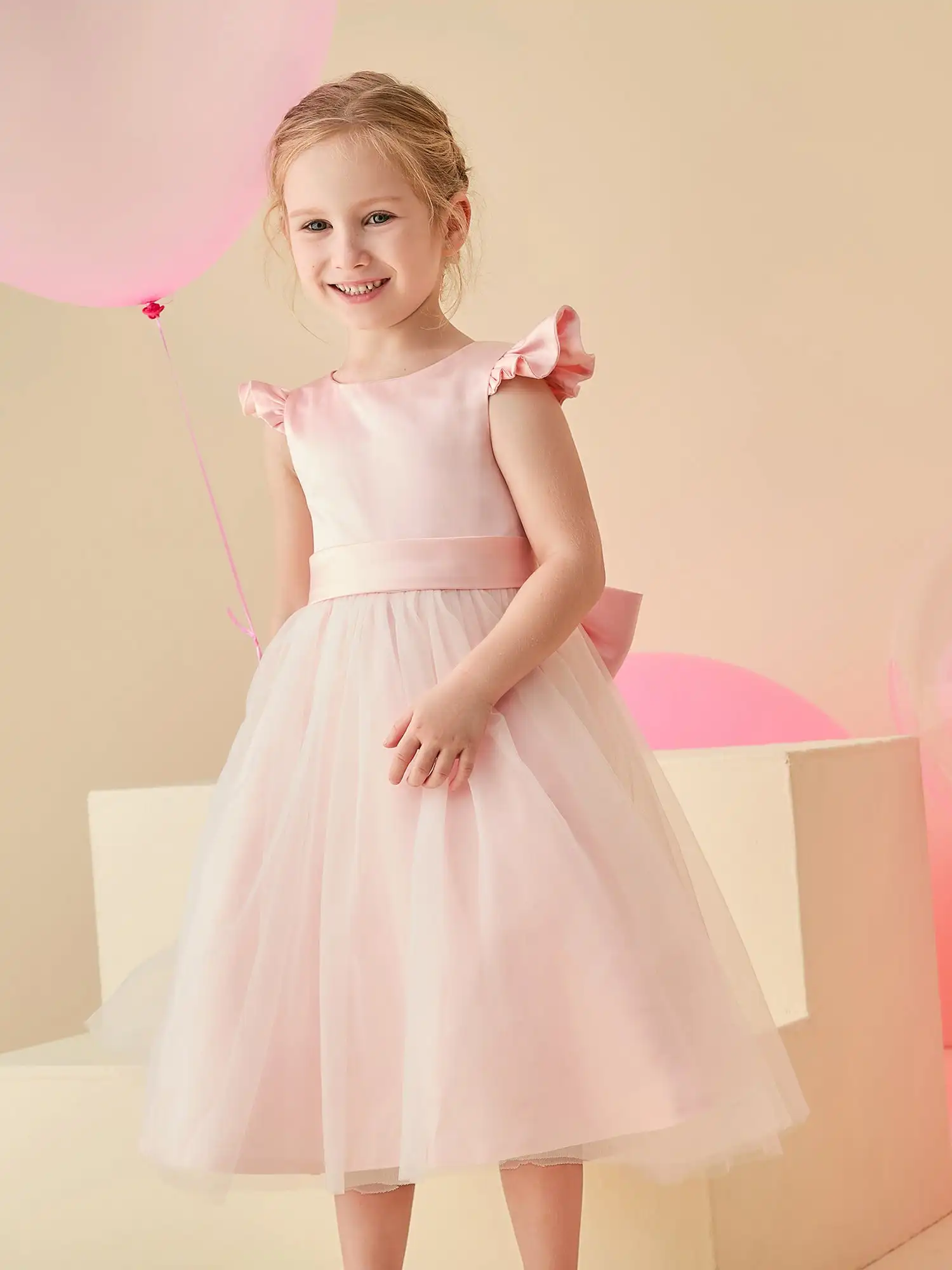 Vestido Flower Girl com Cap Sleeves, A-Line, Decote da colher, Cap Sleeve, Tule, Cetim, Casamento, Crianças, Aniversário, Chá-Length Party Gowns