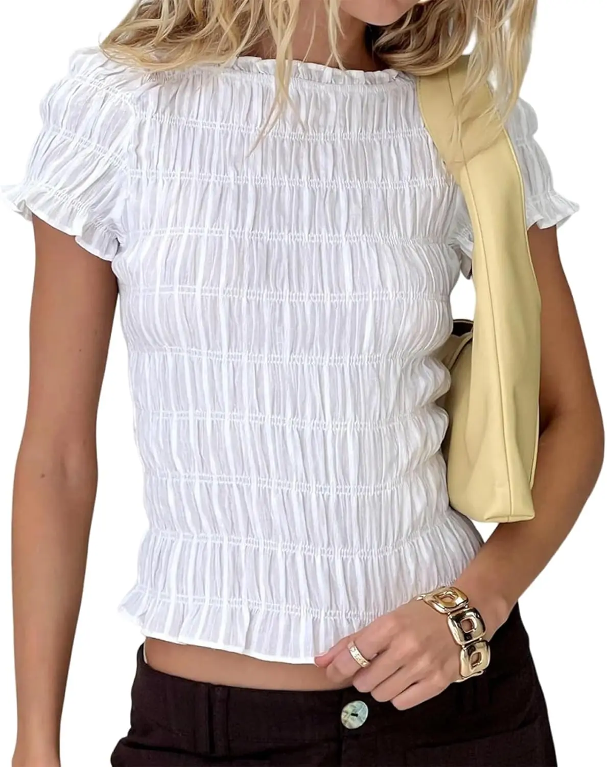 

Women Smocked Top Shirred Shirt Short Sleeve Crewneck Ruffle Hem Babydoll Preppy Going Out Aesthetic Y2k Blouse