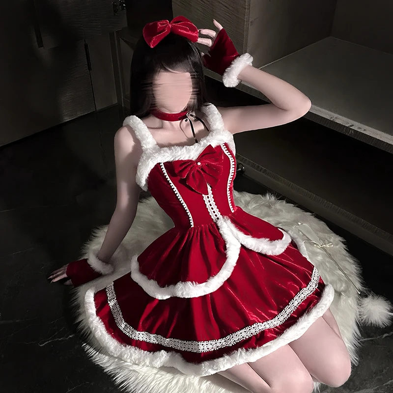 

New Year Red Plush Dress Maid Costume Cosplay Santa Claus Cute Ladies Sweet Red Christmas Bow New Year Stage Party Uniform Suit