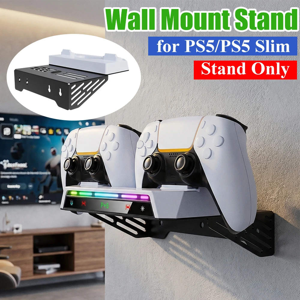 

Настенный кронштейн с зарядной станцией для двух контроллеров, RGB-подсветкой, металлическая настенная подставка для зарядки для PS5, для PS5 Slim (дисковая и цифровая версии)