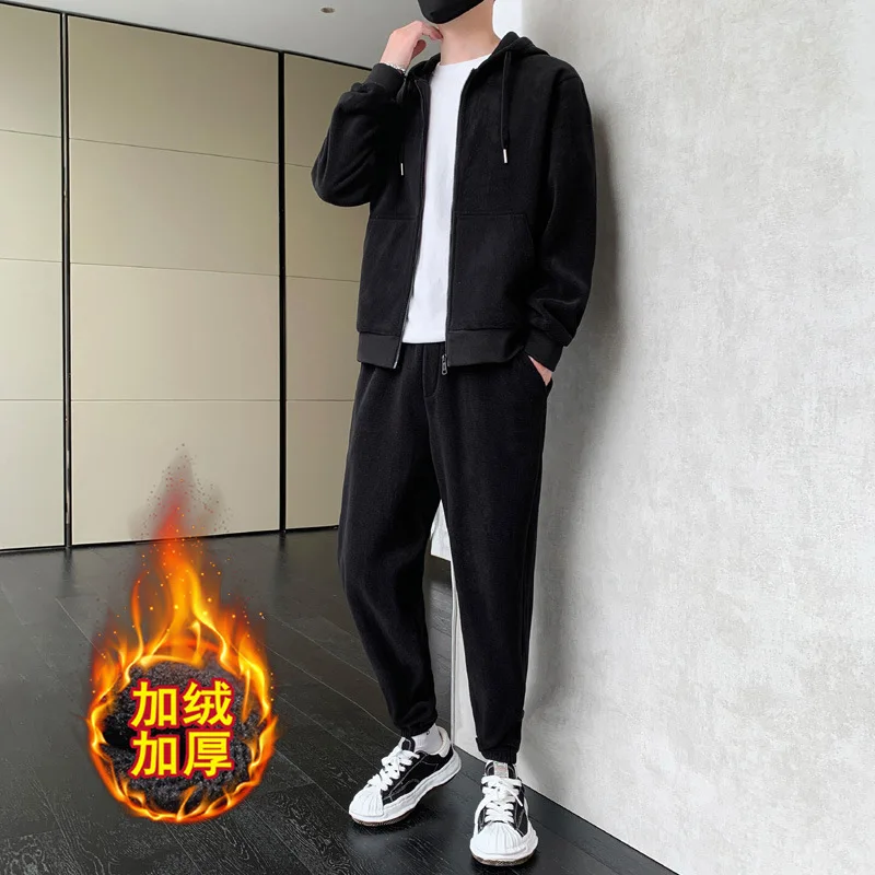 Winter Tracksuit Men Sets Casual Men Set 2 Pieces High Street Suit Sportswear Velvet Jacket+Pants Joggers Sets Men Clothing