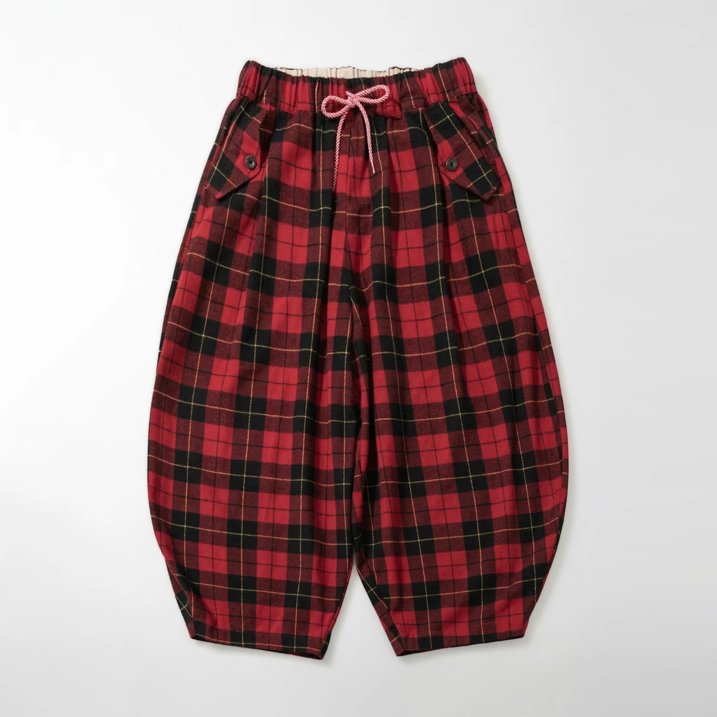 

Red - Black Plaid Drawstring Lantern Pants, Retro Hong Kong Style, Daily Outfit, Casual & Free Vibe 255338