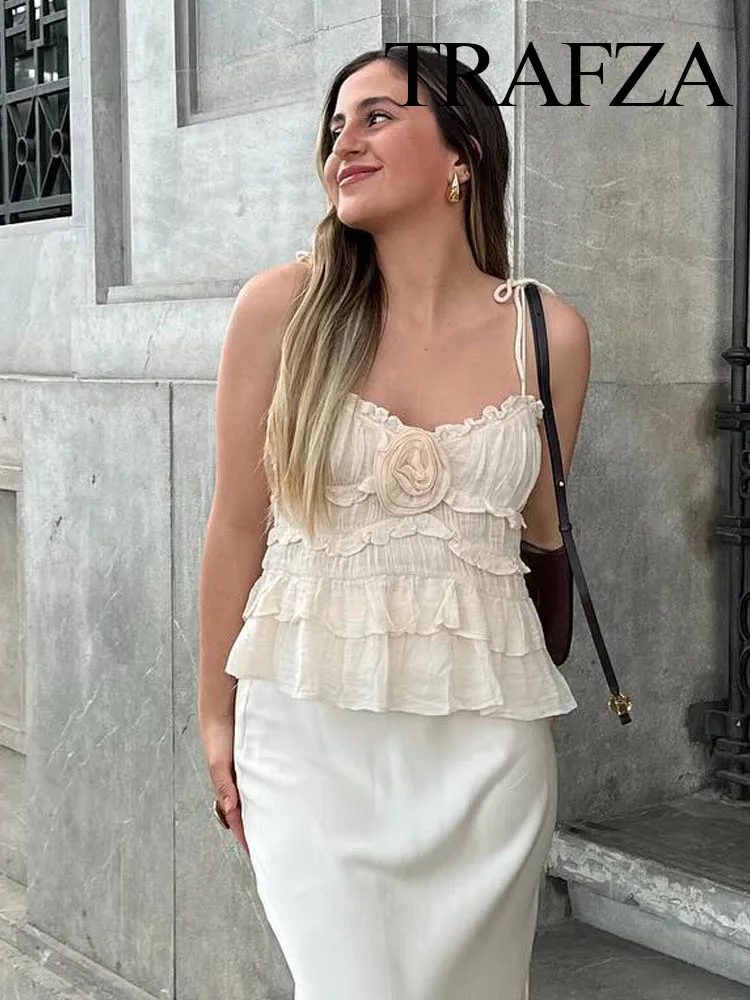 

TRAFZA Women Fashion Chic Flower Decoration Ruffled Sexy Crop Top Female Sweet Off Shoulder Lace Up Sleeveless Tank Tops Y2K