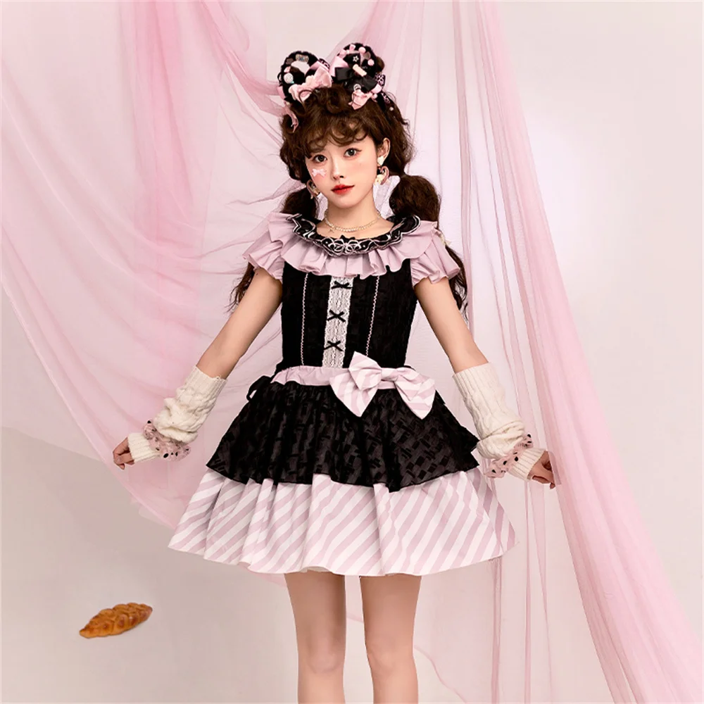 

Japanese Sweet Kawaii Lolita Dress Cute Doll Style Embroidered Loli Girls Short Sleeve Dress Princess