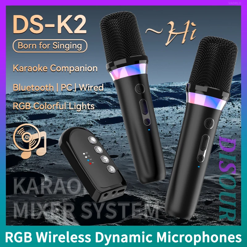 

VAORLO DS-K2 Karaoke Companion Wireless Microphone Dynamic Coil Bluetooth 5.3 DSP Mixer System Machine RGB Color Light 3.5mm AUX