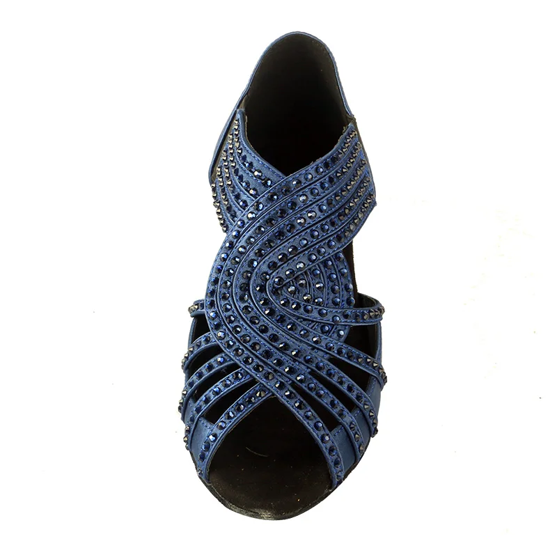 Wedopus Suola in pelle scamosciata Raso blu scuro Scarpe da ballo latino da donna Pietre Tacco quadrato 3,5 cm Pratica danza Tacchi bassi Peep Toe