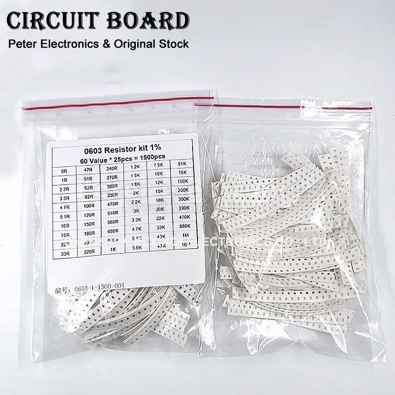 

1500Pcs set of Resistors 0603 SMD Resistor Assorted Kit 1R-10M ohm 1% 60 valuesX 25pcs Sample Kit Bag