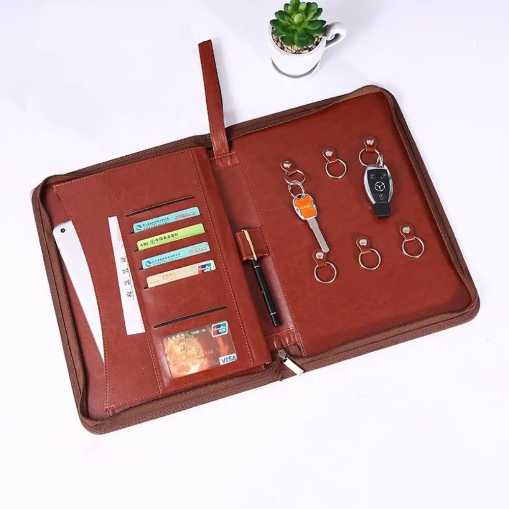 PU 가죽 비즈니스 키 보관 가방 다기능 대용량 비즈니스 관리자 클립 카드 슬롯 지퍼 A4 파일 폴더