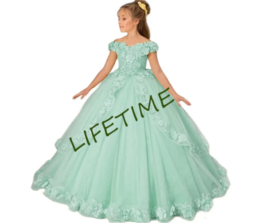 Tüll Blumen mädchen Kleider für die Hochzeit schulter frei Prinzessin Pagenat Kleid lange Kinder 3d Applikation erste heilige Kommunion Party kleider