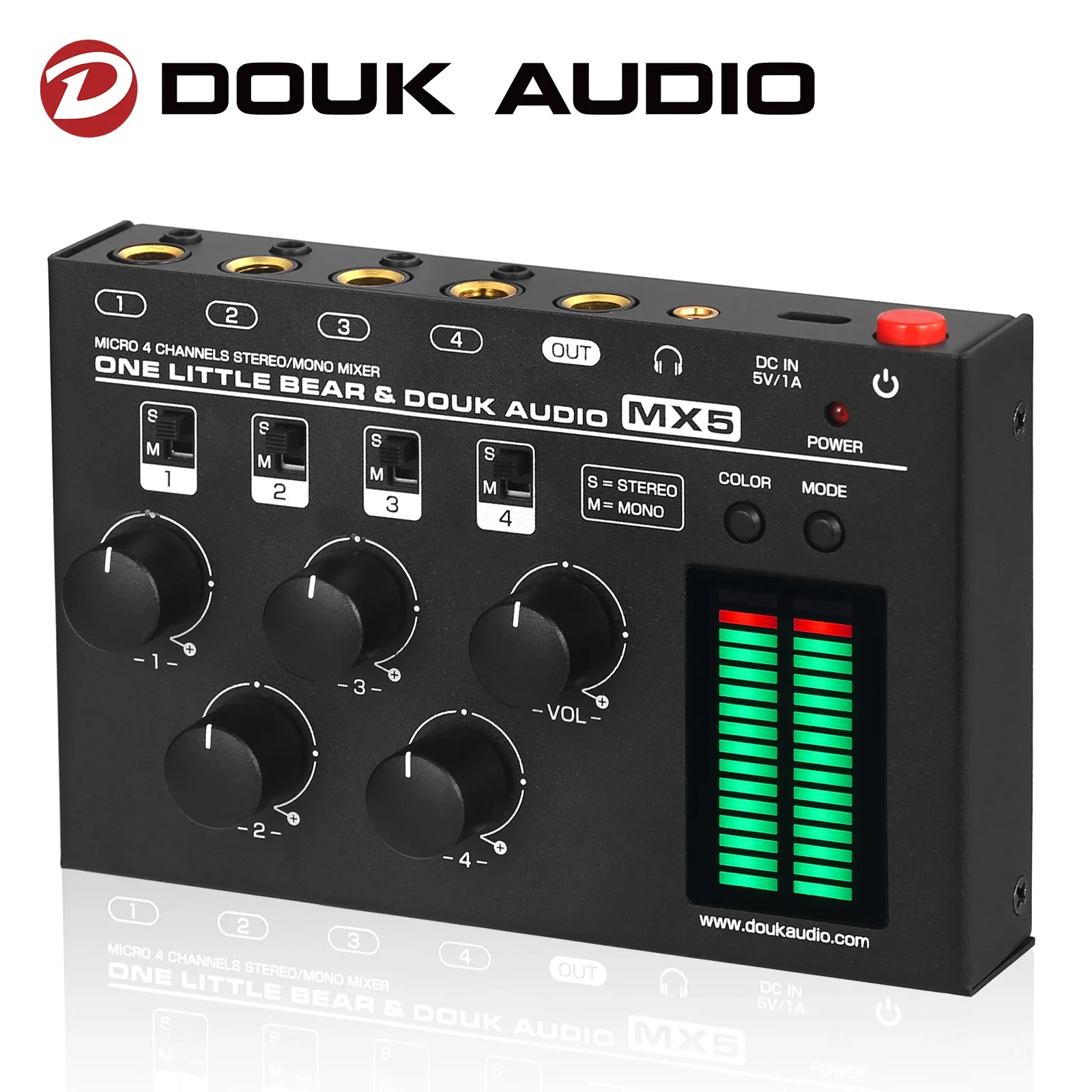 Douk Audio MX5 4-Channel Mixer Ultra Low-Noise Stereo/Mono Line Mixer Dual LED Level Meter for Club/Bar/Studio DC5V