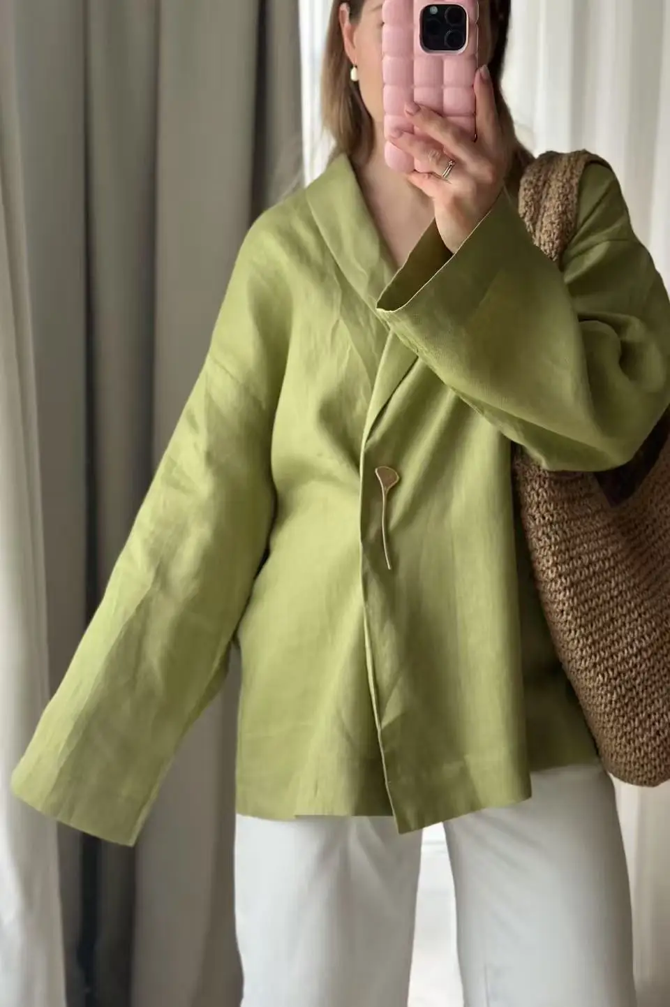 Women's Linen Two-Piece Set: Kimono Wrap Top & Wide-Leg Pants Olive