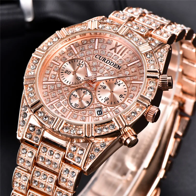 

Men Genuine CURDDEN 8839 Brand Watches Fashion Casual Alloy Band Hip Hop Diamond Golden Date Quartz Watch Silver Montre Homme