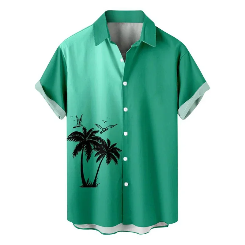 Gradient color coconut tree print men's lapel shirt Hawaiian casual comfortable men's top loose daily short-sleeved shirt person