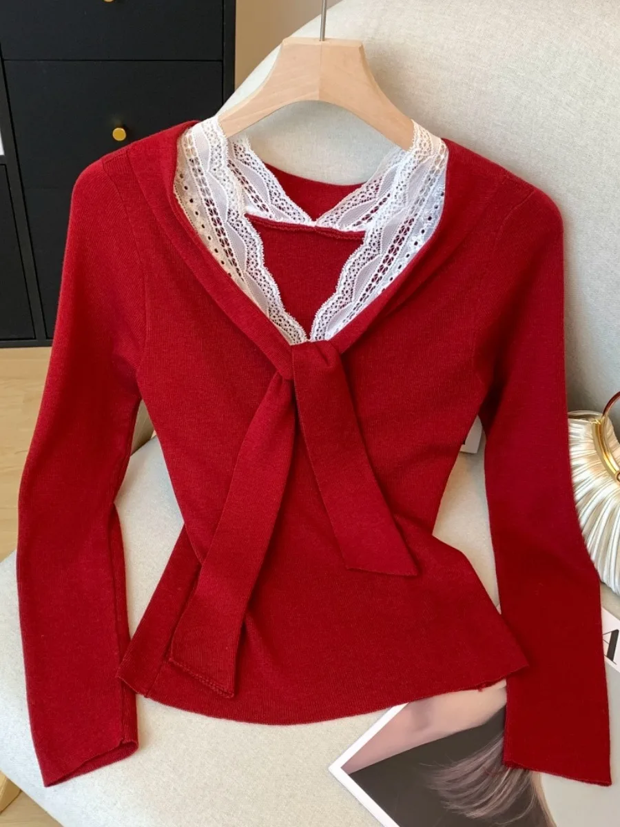 

Long Sve Lace Splice V-Ne Knitted Sweater Women's Slim Fit Pure Desire Top Korean Sle Commute Faion Autumn Season