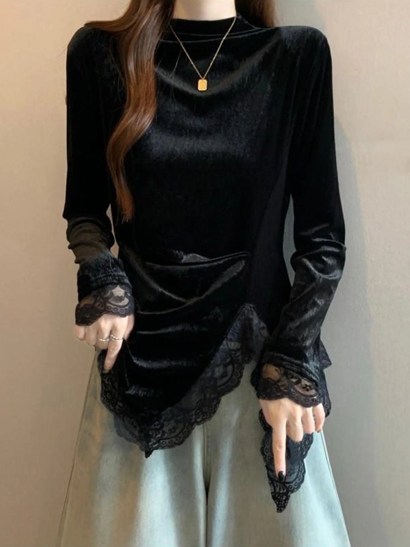 

Женская вельветовая блузка Ele больших размеров с эффектом утяжки талии, асимметричным разрезом, воротником-стойкой, длинными рукавами, в корейском стиле, свободного кроя, для повседневной носки