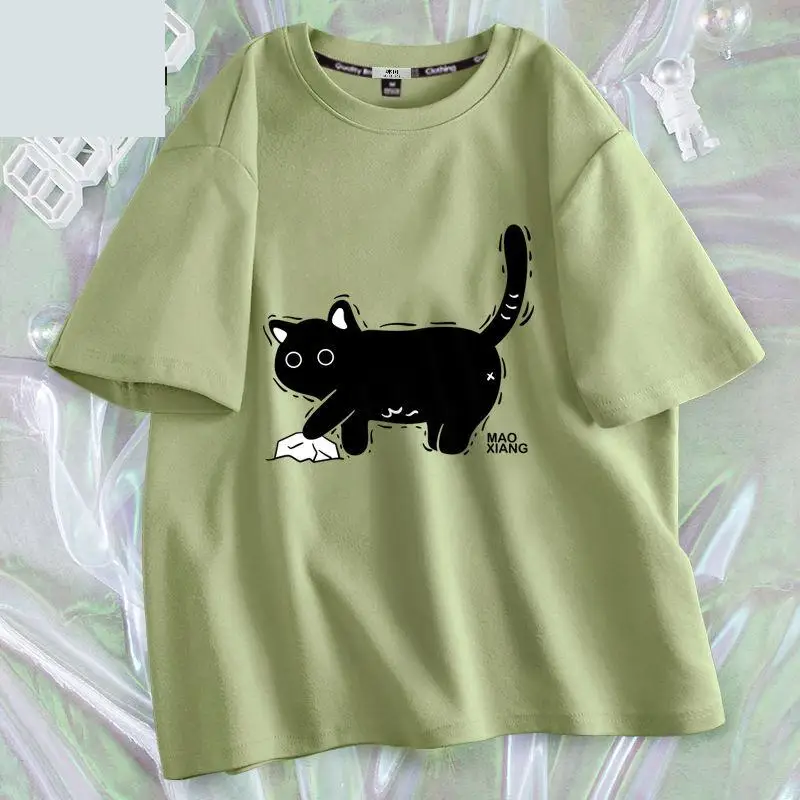 Camiseta de manga corta con Gato Negro para mujer, ropa Y2k, diseño Sense nicho Ins, Tops de algodón puro verde claro a la moda, camisetas para mujer