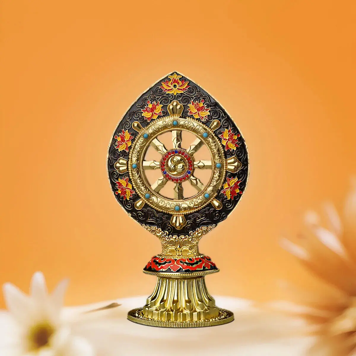 

Metal Buddhist Wheel of Dharma Statue Tibetan Decorations Sculpture Feng Shui