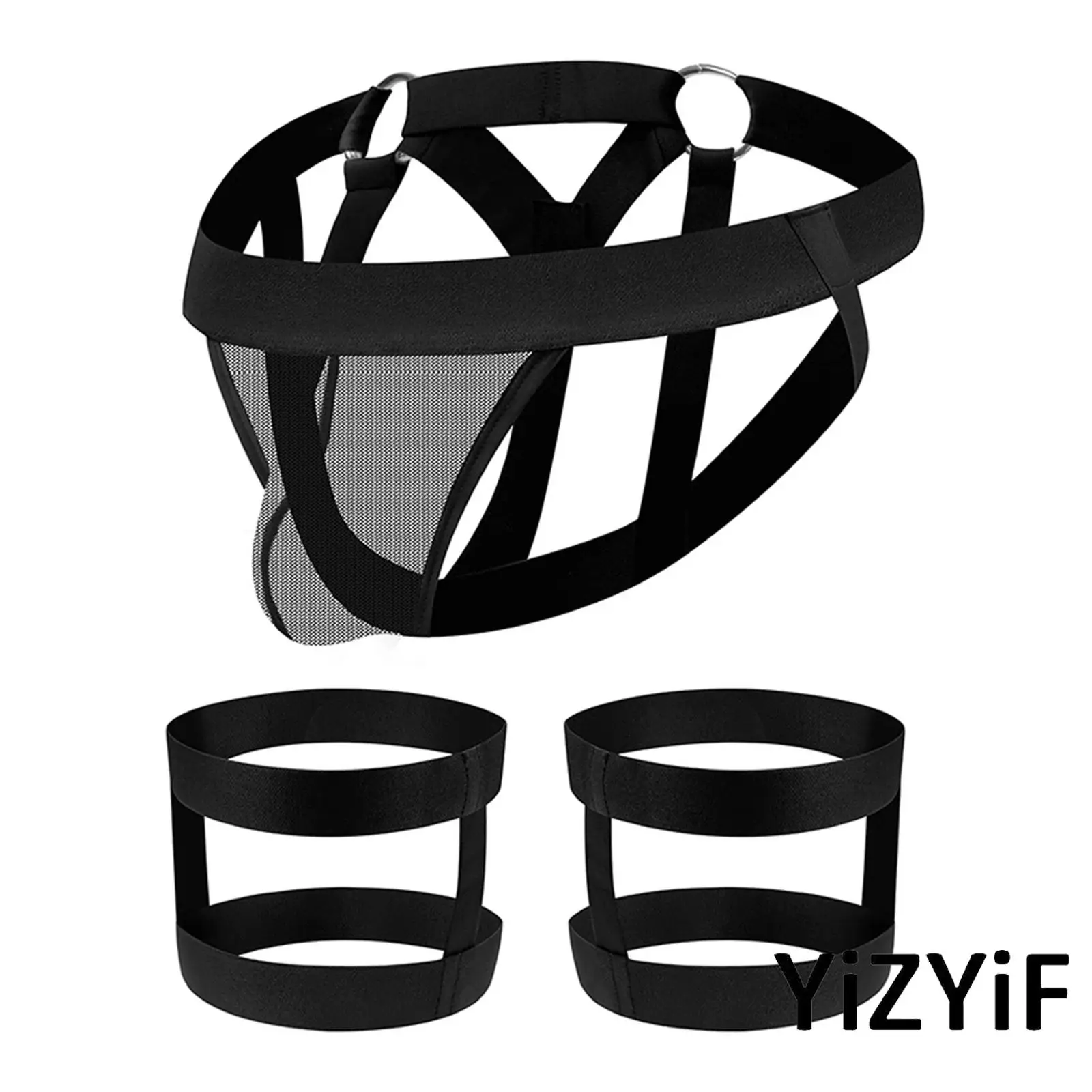 Adults Mens Sheer Mesh Jockstrap Underwear Set with O Ring Linked Harness And Thigh Bands for Night Club And Special Occasions