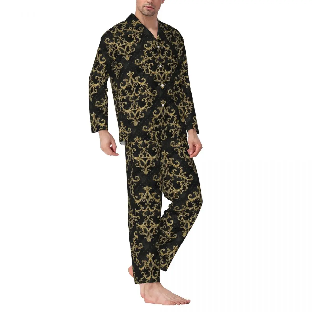 

Baroque Print Sleepwear Autumn Damask Velvet Aesthetic Oversized Pajama Sets Male Long Sleeve Comfortable Night Design Nightwear