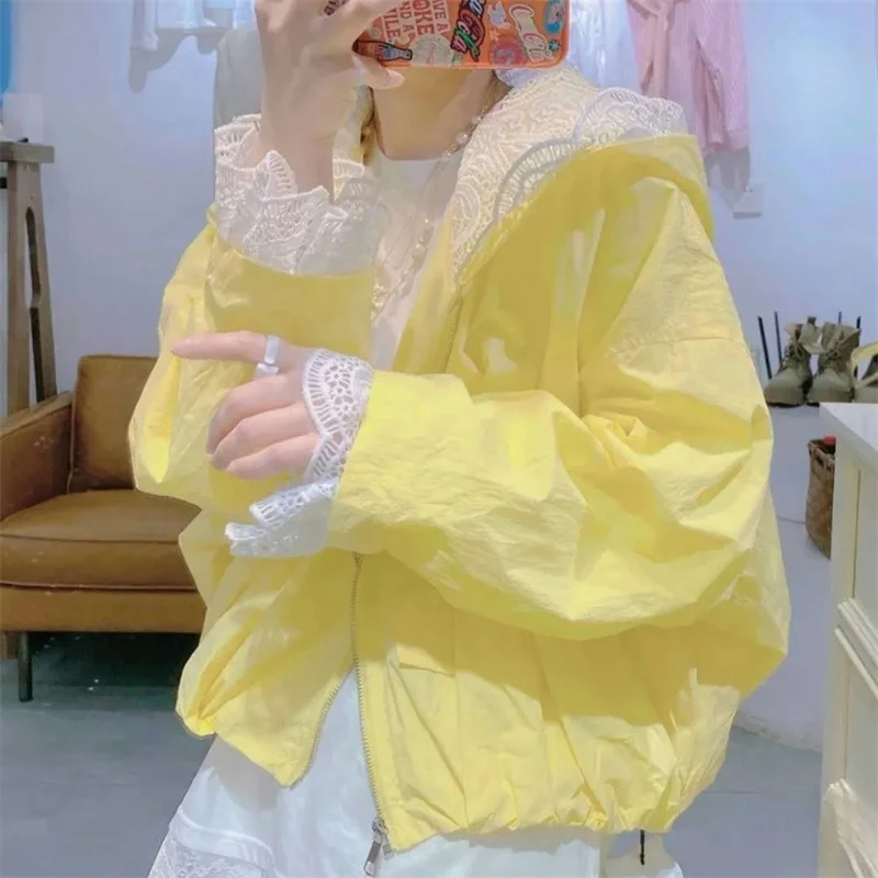 Spitze Sonnenschutz Jacke frauen Frühjahr/Sommer 2026New Spleißen Sonnenschutz Kleidung Mantel Weibliche Mode Mit Kapuze Outwear Flut top