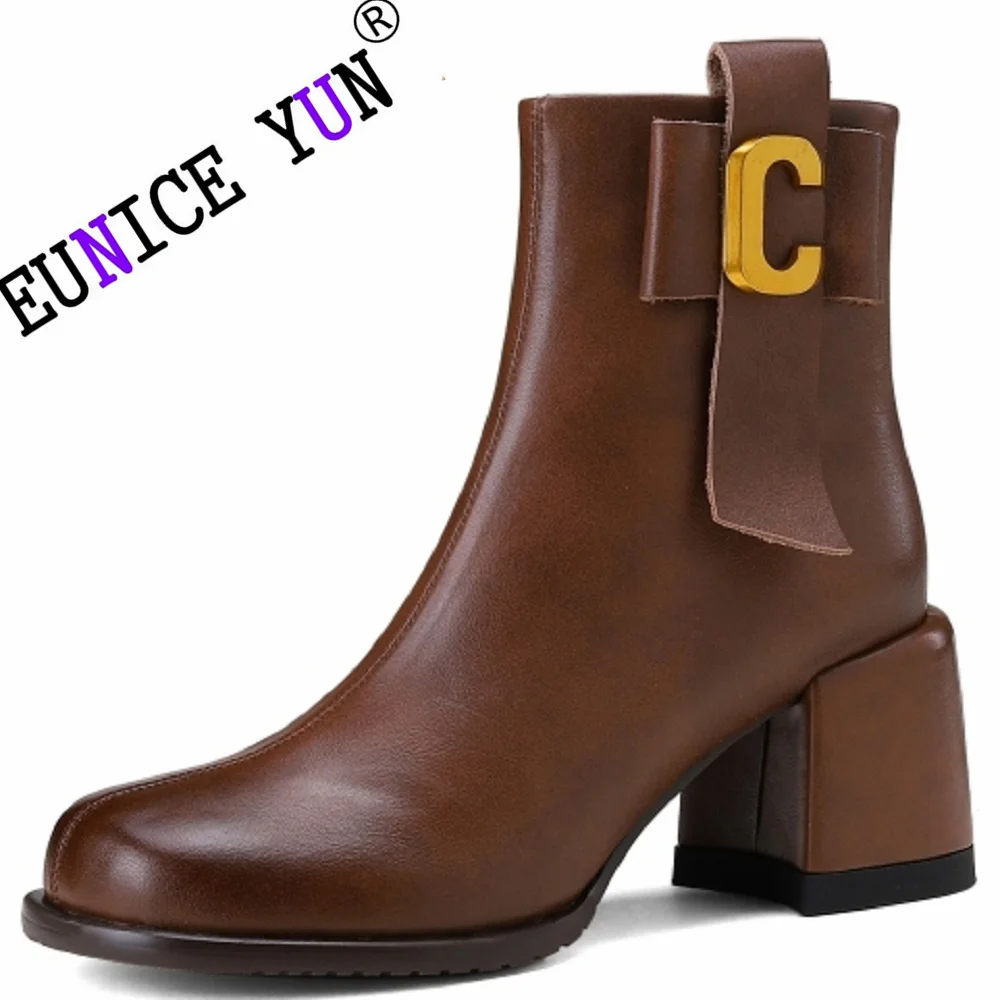 

【EUNICE YUN】Gold Decor Genuine Leather Ankle Boots Side Zipper Square Toe Women Shoes Chunky Mid Heels Novel Sexy 34-40