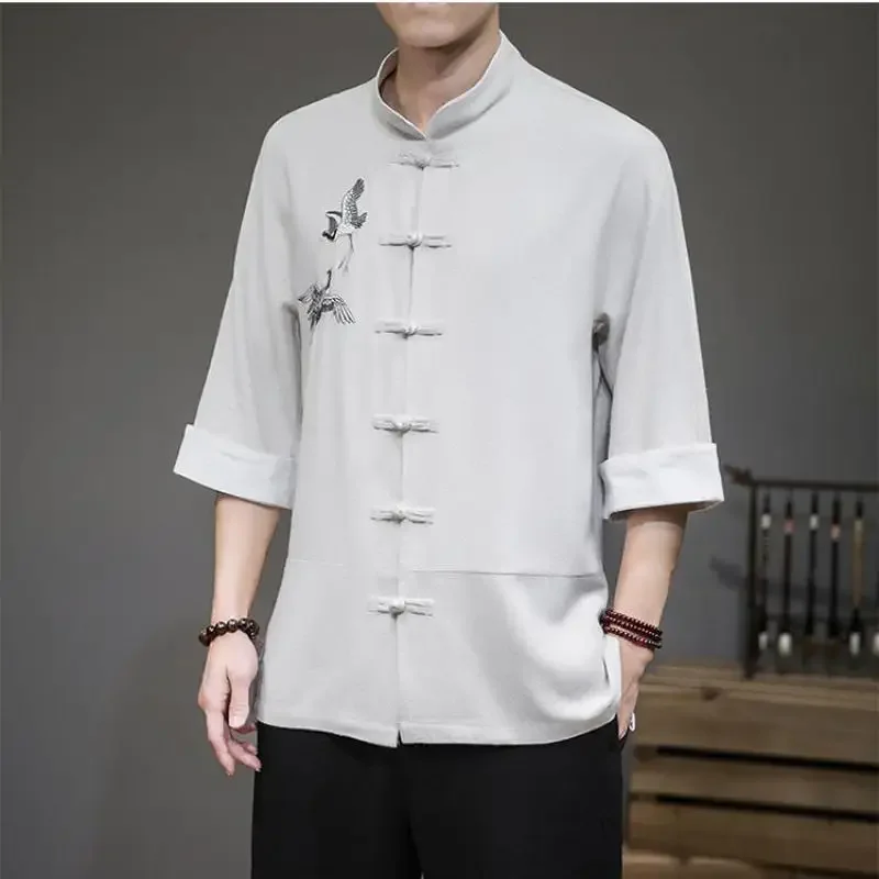 2024 New Chinese Style Mens Tops Tang Suit Linen 3/4 Sleeve Solid Traditional Kung Fu China Type Hanfu Shirt Plus Size 4XL 5XL