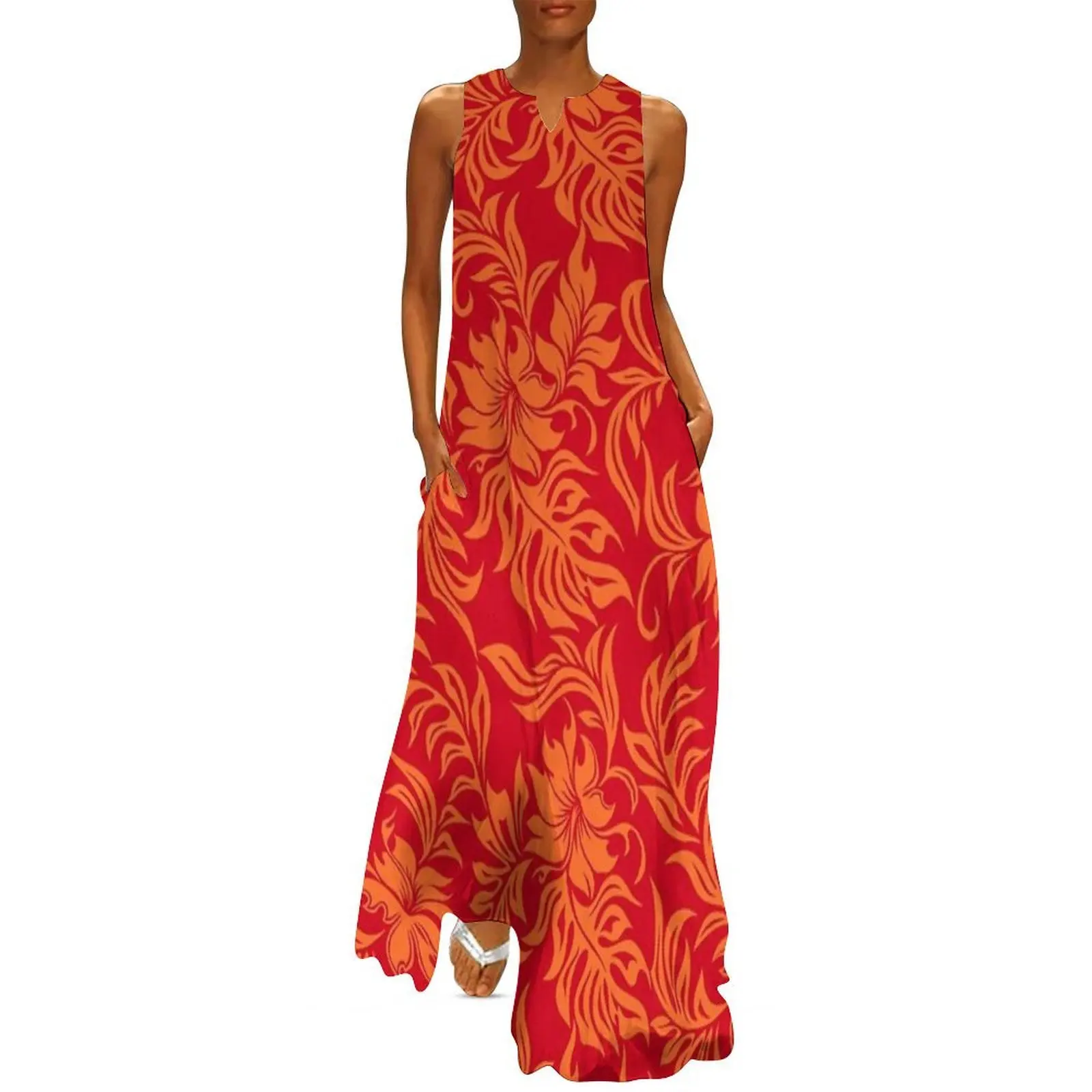 Waikiki hibisco havaiano pareau floral-vermelho e laranja vestido longo vestido feminino vestidos de festa mulher vestidos para festa de casamento