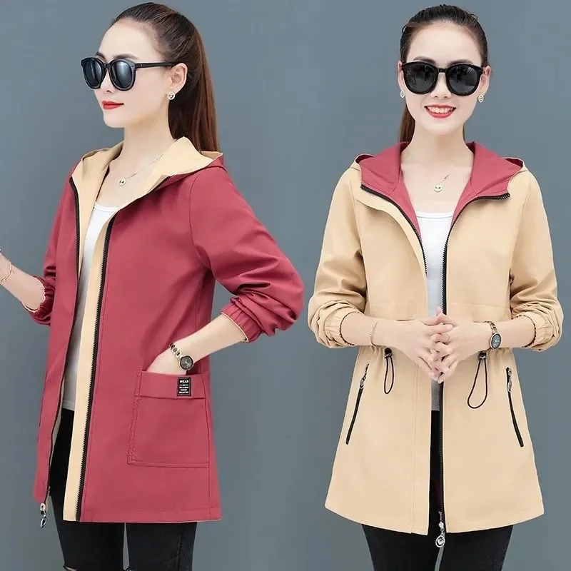 Double-Sided Trench Coat Women 2023 New Spring Autumn Clothes Hooded Mid Long Windbreaker Female Outerwear Gabardina Mujer 5XL