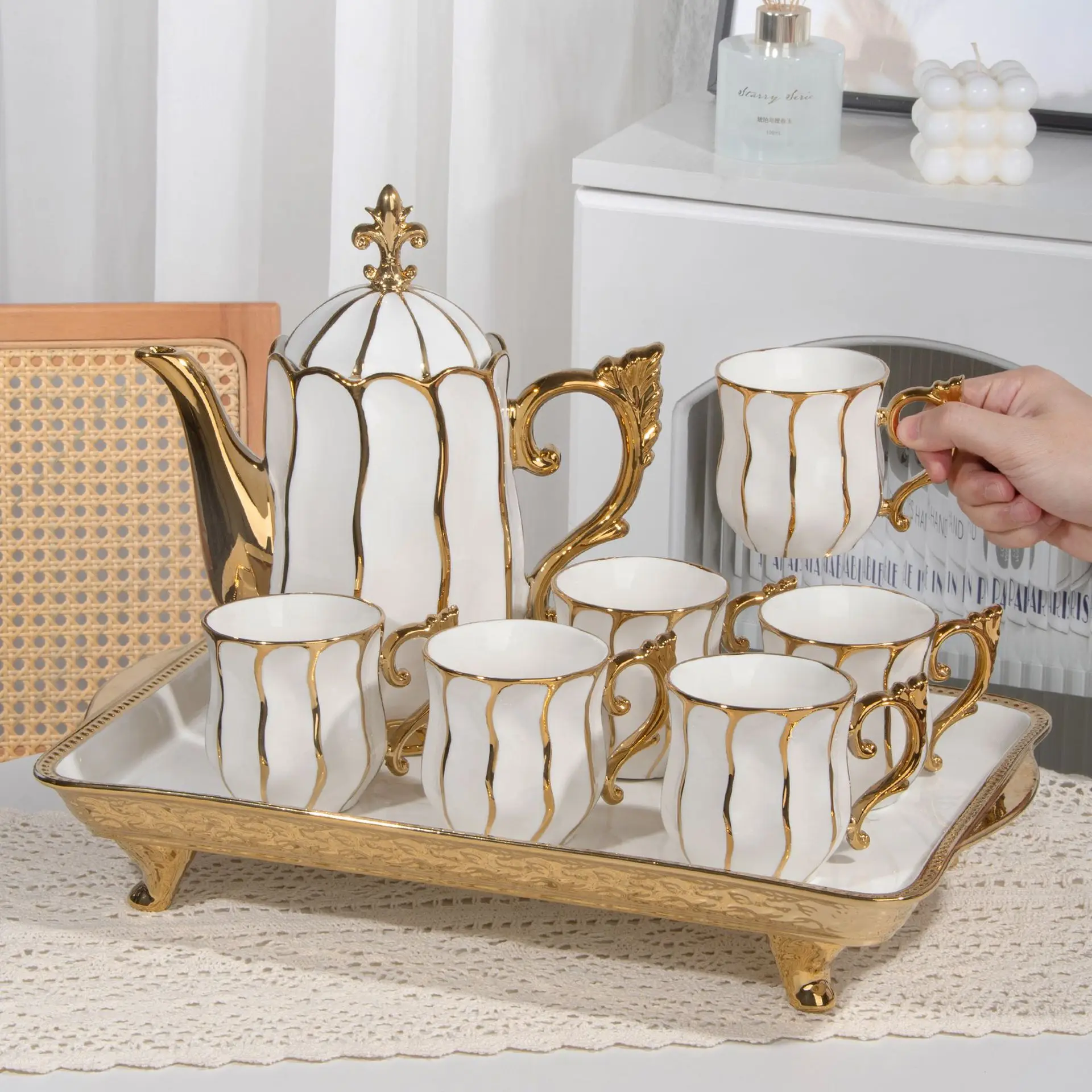 Middle East light luxury ceramic water cup set household cup with tray living room