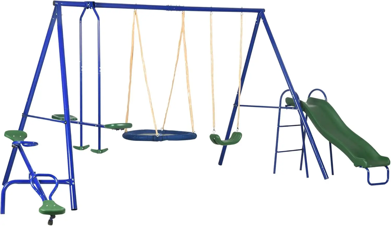 

Swing Set for Backyard, 5 in 1 Heavy-Duty A-Frame Stand with Saucer Swing, Slide, Seesaw, Glider, Swing Seat, Blue