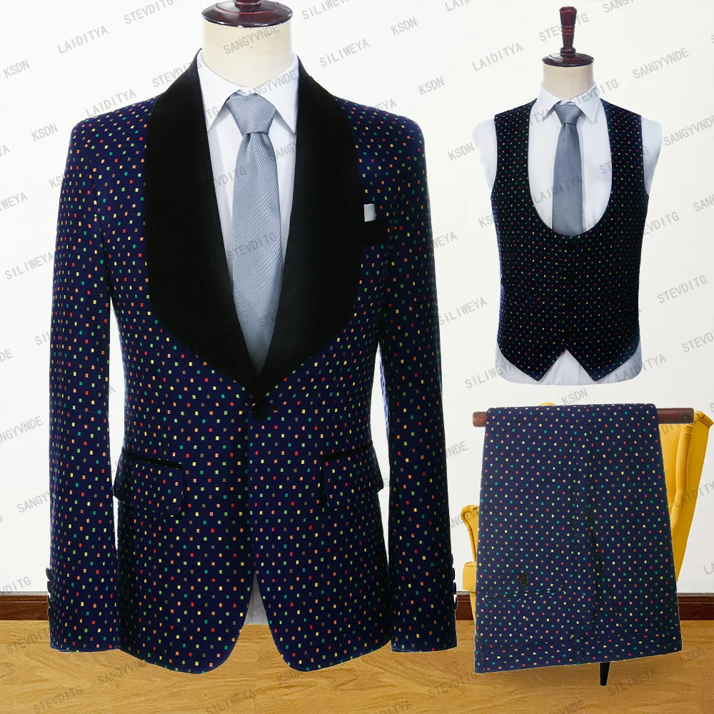 

Blazer Sets 3 Pieces Navy Blue Colorful Dots Men Suits Formal Business Set Slim Fit Groom Blazers Terno Masculin