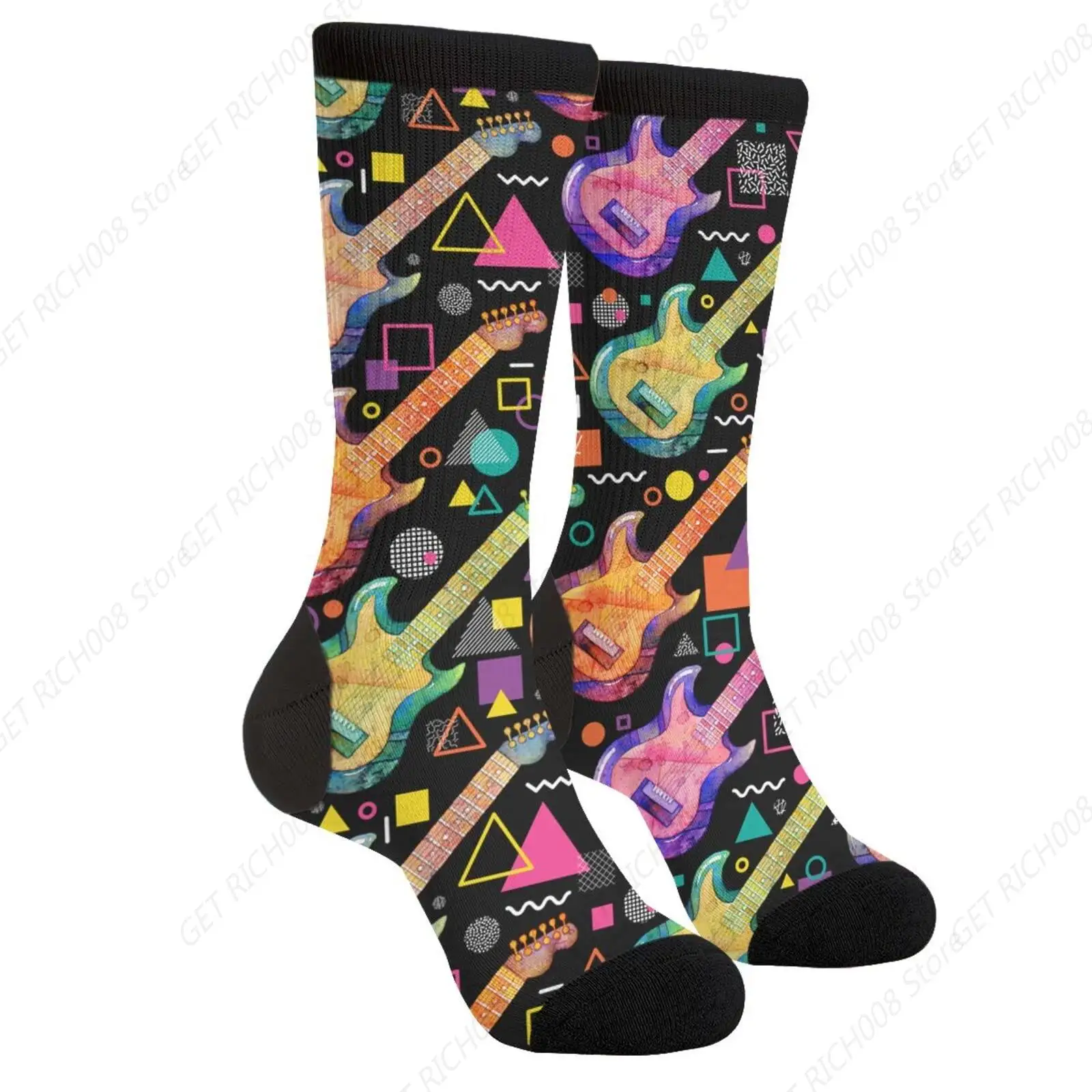 Acuarela guitarra eléctrica ukelele Memphis fiesta Retro colorido Casual divertido Funky novedad calcetines para hombres y mujeres